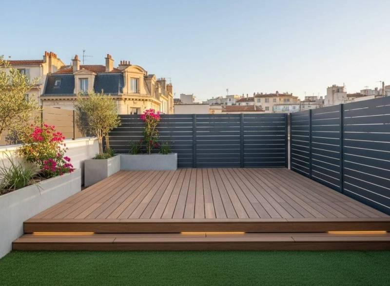 Aménagement extérieur complet avec terrasse bois, clôture alu et gazon synthétique à Marseille 13006, Bouches-du-Rhône